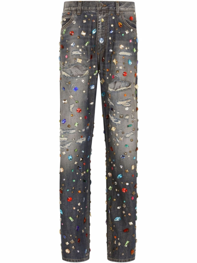 Dolce & Gabbana Ripped Crystal-embellished Jeans In Multicolor