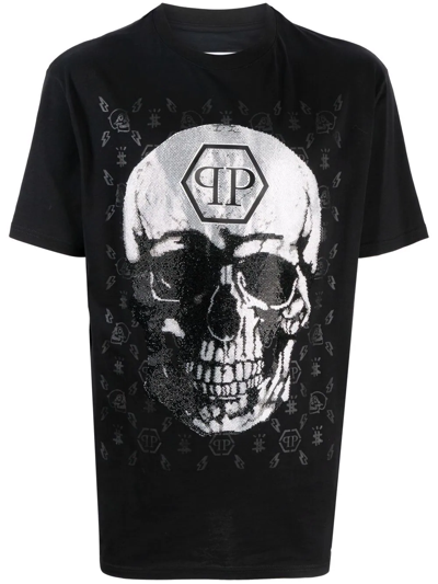 Philipp Plein Gem-embellished Skull Logo-graphic T-shirt In Schwarz