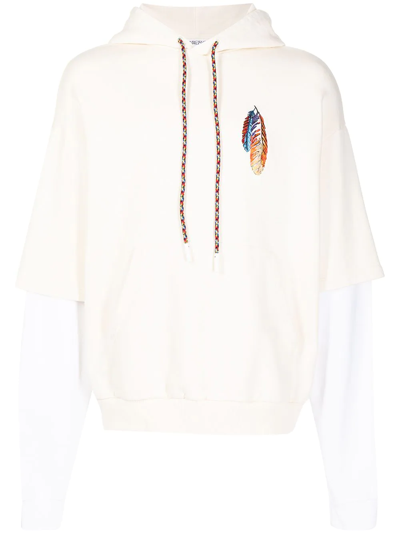 Marcelo Burlon County Of Milan Feather Embroidery Layered-sleeve Hoodie In Nude