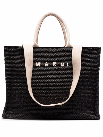 Marni Logo-embroidered Raffia Tote Bag In Blue