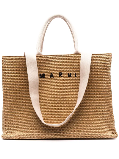 Marni Logo-embroidered Raffia Tote Bag In Braun