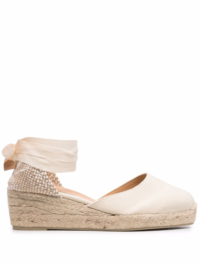 Castaã±er Woven Raffia Wedge Espadrilles In Beige
