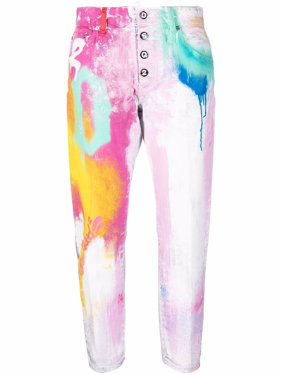 Dsquared2 Paint Splatter Detail Cropped Trousers In White