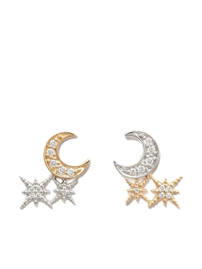 Sydney Evan 14k Yellow And White Gold Moon Starburst Diamond Earrings In Silver