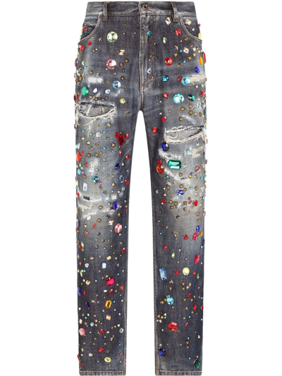 Dolce & Gabbana Embellished Distressed Wide-leg Jeans In Multi