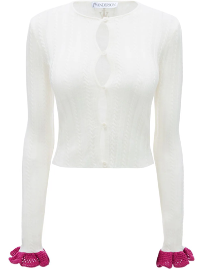 Jw Anderson Ruffle-cuffs Cable Knit Cardigan In White