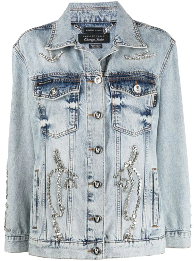 Philipp Plein Oversized Crystal-embellished Denim Jacket In Blau