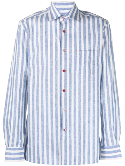Kiton Striped Long-sleeve Linen Shirt In Blau