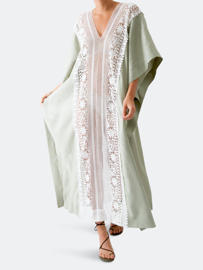 Miguelina Brea Caftan With New Flower Lace In Sage In Green