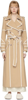 Chloé Double-breasted Belted Trench W/ Scalloped Leather Ribbons In Pearl Beige
