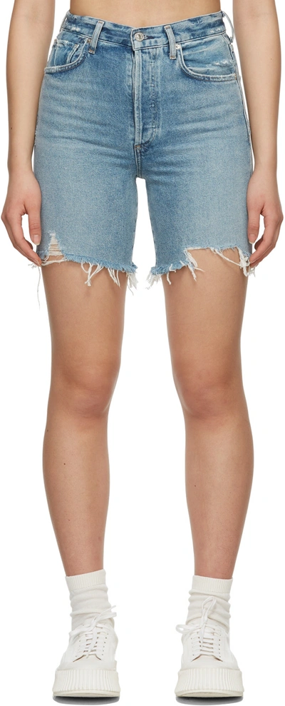 Citizens Of Humanity Camilla Frayed High Waist Mid Thigh Shorts In Light Wash