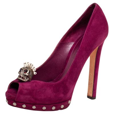 Pre-owned Alexander Mcqueen Purple Suede Embellished Skull Peep Toe Pumps Size 38.5