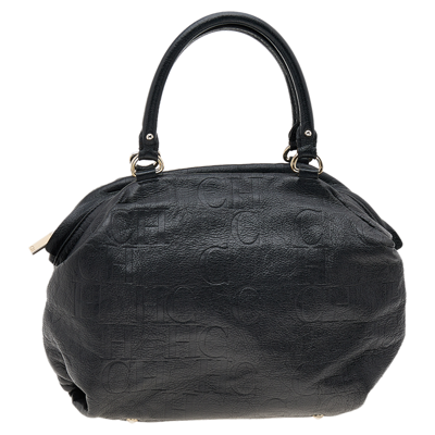 Pre-owned Carolina Herrera Black Monogram Embossed Leather Boston Bag