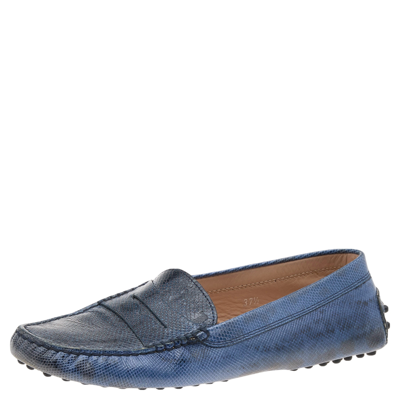 Pre-owned Tod's Blue Karung Gommino Slip On Loafers Size 37.5