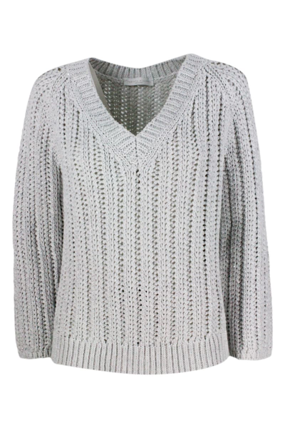Fabiana Filippi V-neck Sweater With Chain Work In Cotton In Beige