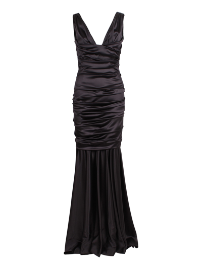 Dolce & Gabbana Long Satin Dress With Draping In Black