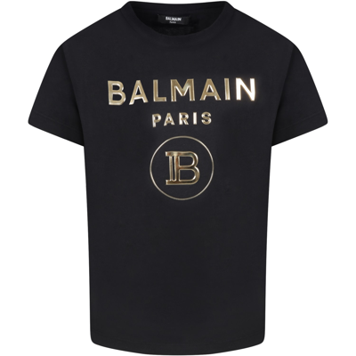 Balmain Black T-shirt For Kids With Double Golden Logo In Nero/oro