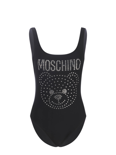 Moschino One Piece Swimsuit With Teddy Strass In Black