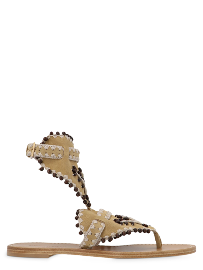 Alberta Ferretti Bead-embellished Leather Sandals In Beige