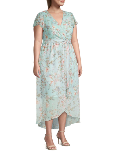 Julia Jordan Women's Plus Floral-print Belted Wrap Dress In Blue