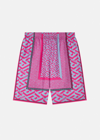 Versace La Greca Panelled-print Bermuda Shorts In Pink+blue