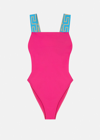 Versace Greca-pattern Scoop-back Swimsuit In Fuchsia+blue