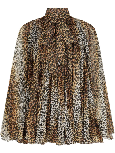 Dolce & Gabbana Leopard Print Pleated Mini Dress In Beige