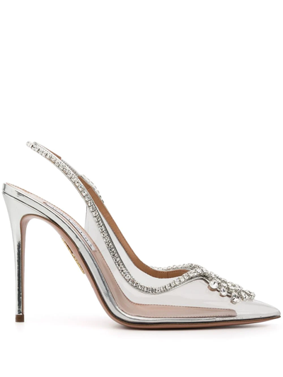 Aquazzura Seduction 105 Crystal-embellished Metallic Leather And Pvc Slingback Pumps In Silver