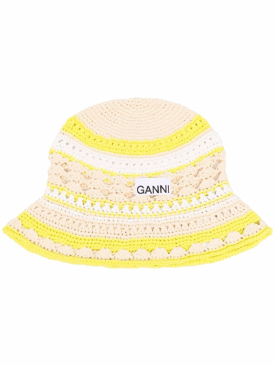 Ganni Neutral Striped Crochet Bucket Hat In Multicoloured