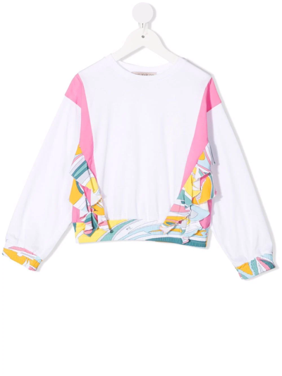 Emilio Pucci Junior Kids' Graphic-print Ruffle-trim Sweatshirt In White