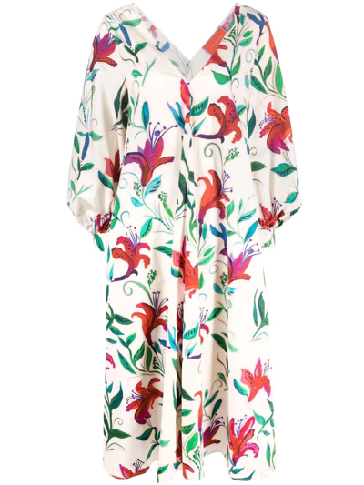 La Doublej Bali Floral-print Cotton-poplin Midi Dress In White Lily