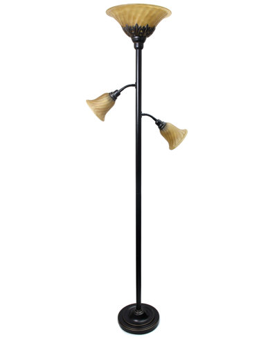 Lalia Home Torchiere Floor Lamp With 2 Reading Lights And Scalloped Glass Shades In Restoration Bronze/amber Shade