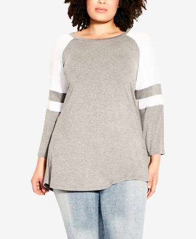 Avenue Plus Size Splice Sleeve Color Top In Gray Marle White