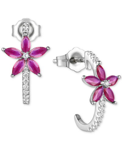 Macy's Sapphire (1-1/10ct. T.w.) & Diamond (1/8 Ct. T.w.) Flower Half Hoop Earrings In Sterling Silver (als In Ruby