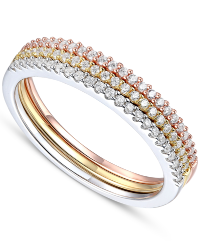 Macy's Cubic Zirconia Stack-look Ring In Sterling Silver, Gold-plate & Rose Gold-plate In Tri Tone