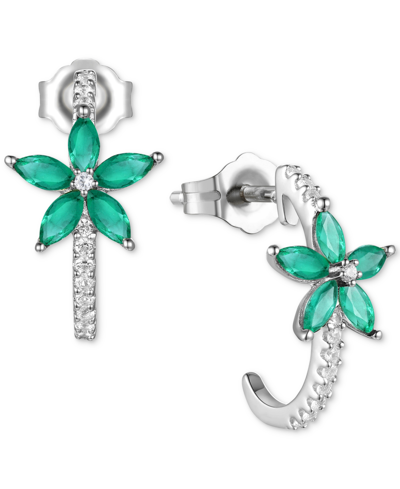 Macy's Sapphire (1-1/10ct. T.w.) & Diamond (1/8 Ct. T.w.) Flower Half Hoop Earrings In Sterling Silver (als In Emerald