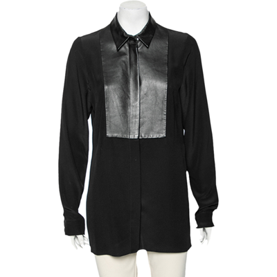 Pre-owned Gucci Black Silk & Leather Paneled Button Front Shirt M