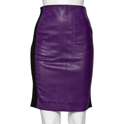 Pre-owned Balenciaga Purple Lambskin Leather Rib Knit Trimmed Skirt M