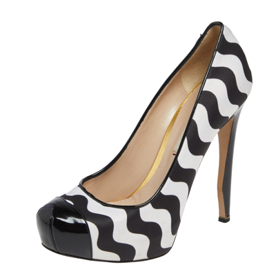 Pre-owned Nicholas Kirkwood Black /white Satin And Patent Leather Platform Cap Toe Pumps Size 37