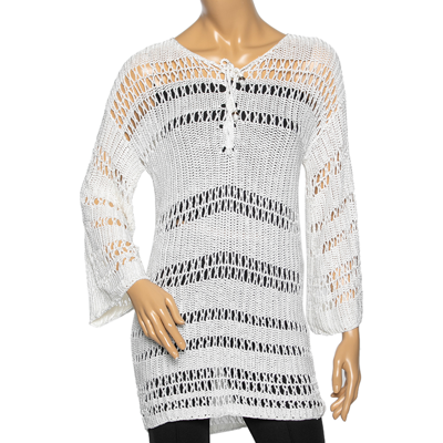Pre-owned Ralph Lauren White Perforated Knit Long Sleeve Top M