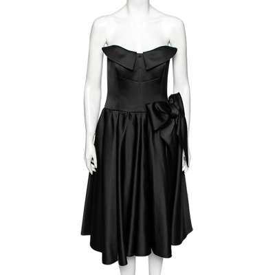 Pre-owned Moschino Couture Black Satin Bow Detail Strapless Pleated Dress M