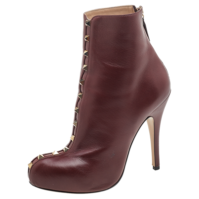 Pre-owned Valentino Garavani Burgundy Leather Rockstud Ankle Boots Size 37