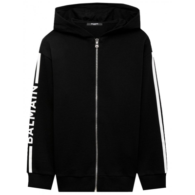 Balmain Kids' Cotton Hoodie In Nero/bianco