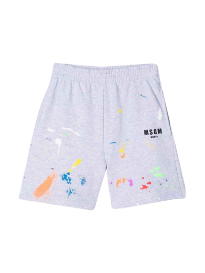 Msgm Teen Paint-splatter Cotton Shorts In Grey