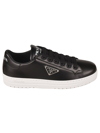 Prada Downtown Leather Tonal Sneakers With Metal Logo In White/black