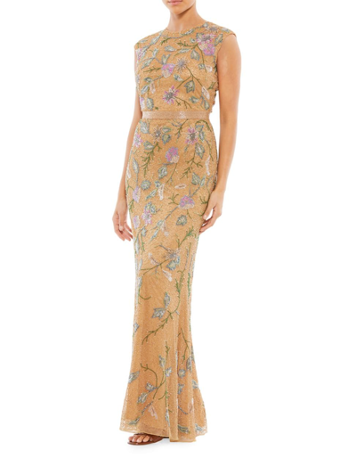 Mac Duggal Floral Bugle Beaded Cap-sleeve Column Gown In Caramel