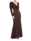 Mac Duggal Puff Shoulder Sequined Surplice Gown In Mahogany