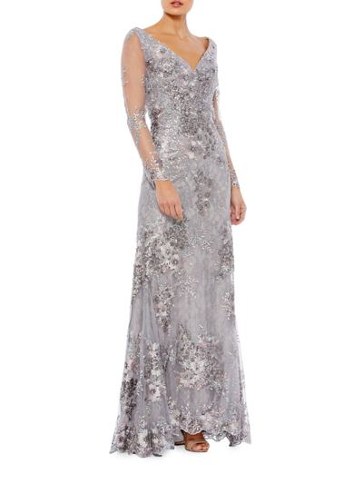 Mac Duggal Beaded Lace V-neck Gown In Platinum