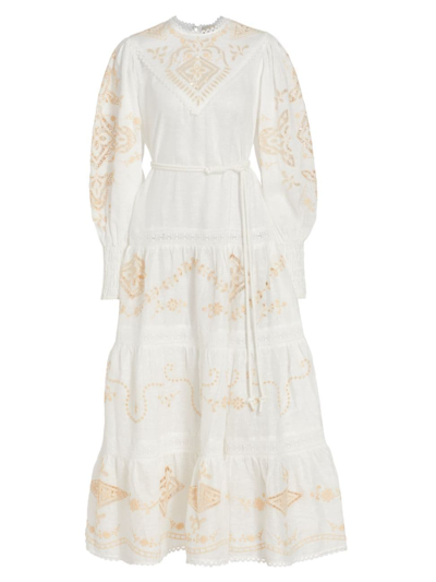 Alemais Cecilia White Broderie Anglaise Linen Midi Dress In Ivory