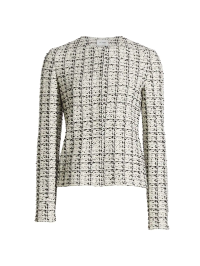 St John Textured Plaid Tweed Knit Jacket In Ecru Black